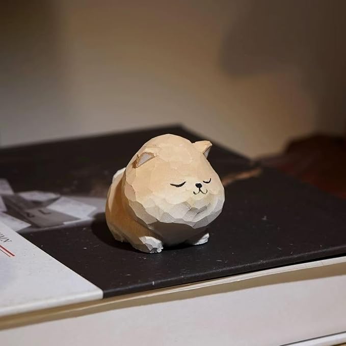 Hand Carved Red Shiba Inu Figurine with Round Wood Base – Cute Chubby Shiba Wooden Dog Statue, Handmade Desk Decor, Adorable Collectible Sculpture, Unique Gift for Dog Lovers & Pet Owners