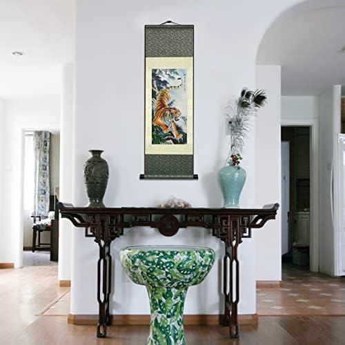 AtfArt Asian Wall Decor - Beautiful Silk Painting Animal - Tiger King Deterrence - Oriental Decor Chinese Art Wall Scroll (36.2 x 12 in)