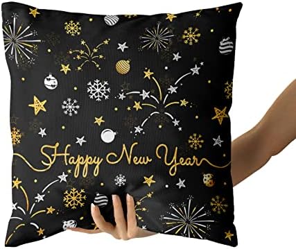 Giwawa 2 PCs Happy New Year Pillow Covers 16"x16" Winter Snowflake Firework Throw Pillowcase with Colorful Star Christmas Ball Square Black Gold Cushion Cover for Sofa Couch Car Bed Home Xmas Decor