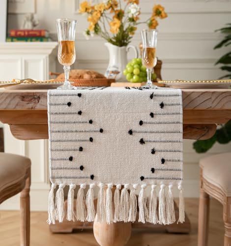Boho Table Runner 13 x 72 Inch Long Natural Cotton Woven Runner with Tassels for Home Dining Table décor, for Modern Farmhouse Decor Coffee Table Runner, Black and Beige