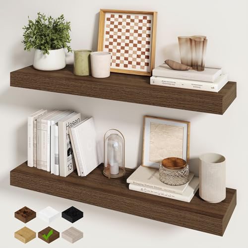 Fun Memories 30Inch Floating Shelves for Wall, 2 Pack Rustic Wood Shelves for Bathroom|Kitchen Wall Mounted Floating Shelf with Invisible Brackets for Books|Storage|Decor,Walnut