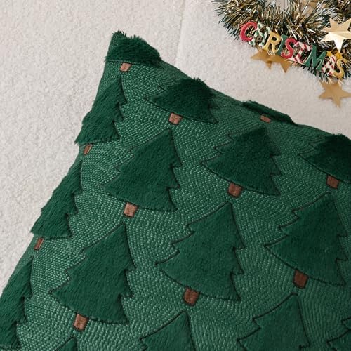 Kevin Textile Christmas Tree Pillow Covers 12x20 Inch Set of 2 Luxury Embroidery Soft Plush Faux Fur Lumbar Cushion Covers for Couch Sofa Holiday Festivals Winter Xmas Gift, Dark Green