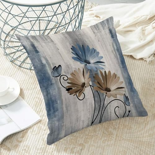 Blue Brown Floral Pillow Covers 18 x 18 Inch Set of 2 Daisy Floral Butterfly Decorative Throw Pillow Covers Linen Rustic Farmhouse Cushion Cases for Home Sofa Couch Living Room Decor