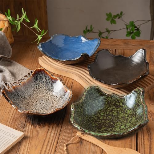 8" Small Ceramic Decorative Bowl 1 Pice – Irregular Rim Reactive Glaze Candy Bowl, Berry Bowl, Entryway Catchall, Japanese Style Fruit Dish for Tabletop or Home Decor (Green Reactive Glaze)