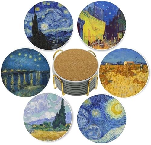 Drink Coasters with Holder - 6 Set Ceramic Coaster for Drinks Absorbent with Cork Base and Golden Holder - Coasters for Coffee Table Apartment Wooden Bar Mugs Glasses Cup Beer