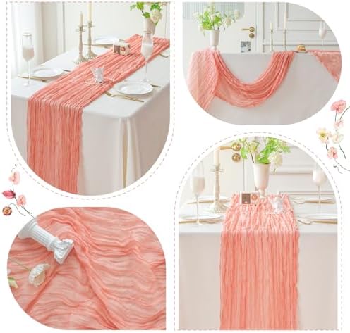 SIOLOC Dusty Coral Table Runner 120 x 35 Inch, Boho Gauze Cheesecloth Table Runner for Wedding, Rustic Sheer Table Decor for Bridal Shower, Baby Shower, Party & Events