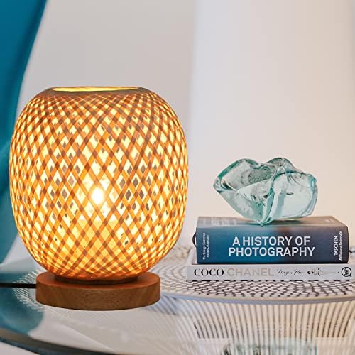 Capslpad Dimmable Rattan Table Lamp - Bamboo Woven Handmade Boho Beside Light, Small Wicker Desktop Nightstand Accent for Kids Living Room, Bedroom, Dorm Decor