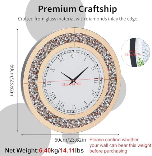Crushed Diamond Wall Clock: Round Mirrored Clock 23.6 inch Brown