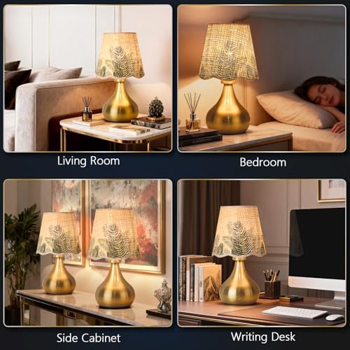 Ziqqeelam Gold Small Bedside Cute Table Lamp for Bedroom, Table Lamps for Nightstand, Scalloped Rattan Shade Table Lamps for Small Spaces for Bedroom, Home Office, Living Room