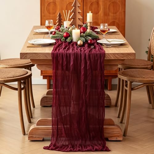 3Pcs Burgundy Table Runner, 10FT Boho Rustic Burgundy Maroon Table Runner 120inch Cheese Cloth Red Runner for Wedding Christmas Birthday Holiday Party Decorations
