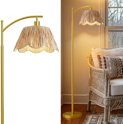Oneach Arc Floor Lamp for Living Room,Rattan Boho Floor Lamp Decor with Hand-Woven Shade, Foot Switch,Gold Metal Base & Pole,Farmhouse Standing Lamp for Bedroom Corner,Reading