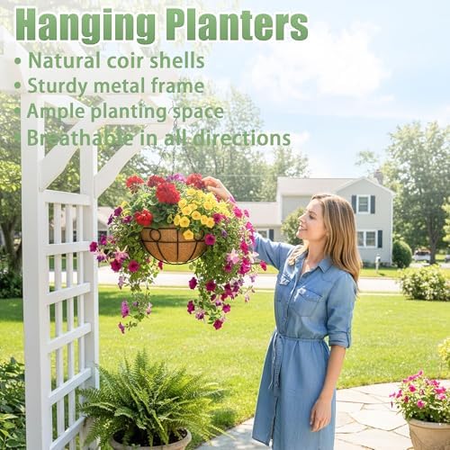 2 Pack 12 Inch Hanging Baskets for Plants Outdoor Metal Hanging Planters Round Hanging Flower Pots with Coco Coir Liner Plant Holder for Outdoor Patio Garden Balcony Decor - Circular