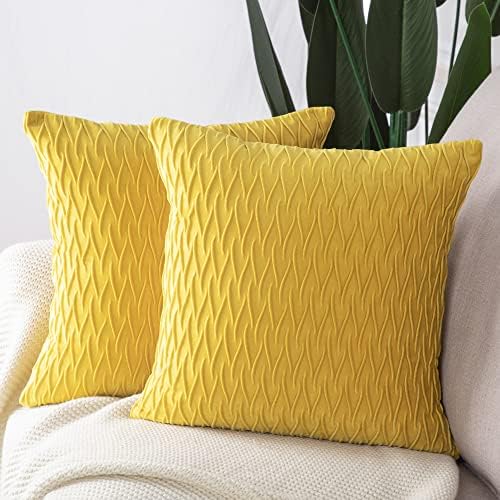MADIZZ Set of 2 Super Soft Velvet Decorative Throw Pillow Covers 22x22 inch Lemon Yellow Square with Texture Luxury Style Cushion Case Pillow Shell for Sofa Bedroom