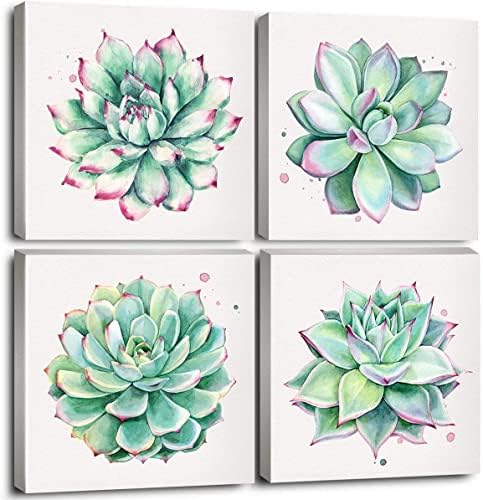 Succulent Wall Decor for Bathroom Mint Green Cactus Wall Art for Living Room Kitchen Accessories Nature Plant Wall Decor Tropical Botanical Leaf Canvas Pictures Bedroom Home Decorations 12x12" 4 Pcs