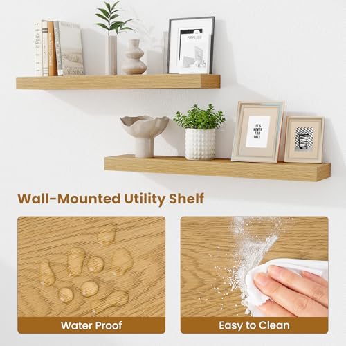 Fun Memories Bathroom Shelves 32 Inch Long Set of 2, Floating Shelves for Wall with Invisible Brackets, for Bedroom, Living Room, Kitchen, Oak