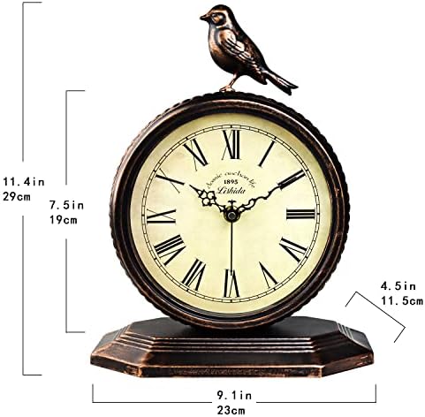 Desk Clock for Bedroom Kitchen Vintage Table Clock Mantel Desktop Farmhouse Tabletop Metal Clock for Office Living Room Silent Decor Battery Operated Bird