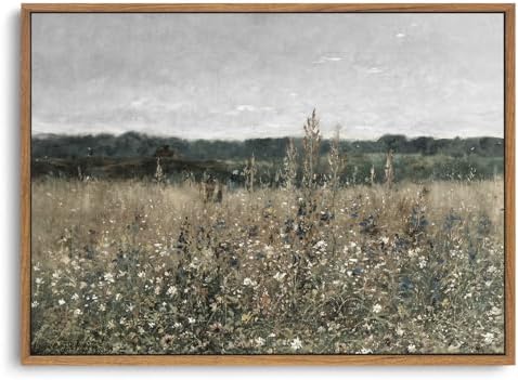 OIQArtOIQ Vintage Framed Wall Art Wildflower Field Meadow Canvas Art Prints Rustic Farmhouse Landscape Pictures Wall Decor Modern Cottagecore Paintings Artwork For Bedroom Bathroom Office Living Room