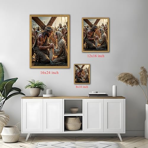 Wood Framed Jesus Carrying Cross Wall Art, Christian Religious Canvas Painting, Jesus and Woman Poster Print, Faith Spiritual Artwork for Church Living Room Prayer Room Bedroom Wall Decor 16x24 Inch