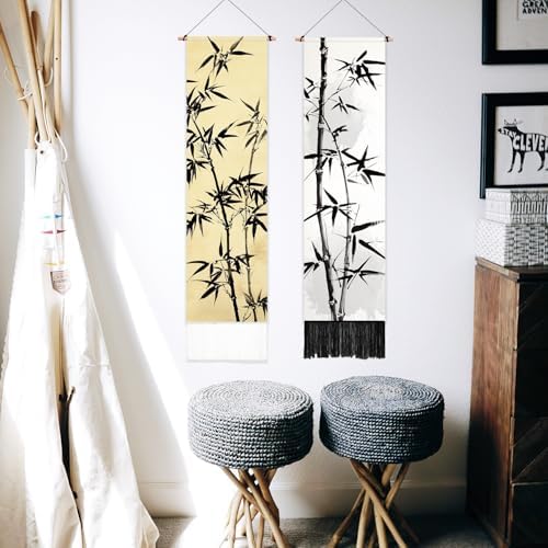 PLIGREAT 2 Pack Bamboo Leaf Tapestry with Tassels, Ancient Bamboo Wall Hanging Home Decor Chinese Art Vertical Wall Tapestry for Bedroom Living Room Long Narrow Home Hanging Decor, 46" x 13"