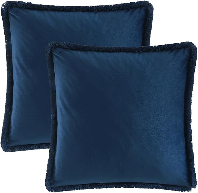 JUSPURBET Navy Decorative Velvet Fringe Throw Pillow Covers 26x26 Set of 2 Boho Soft Cushion Case for Home Decor Living Room Couch Sofa Bed