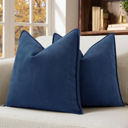 MIULEE Pack of 2 Navy Blue Euro Shams Chenille Pillow Covers 24x24 Inch