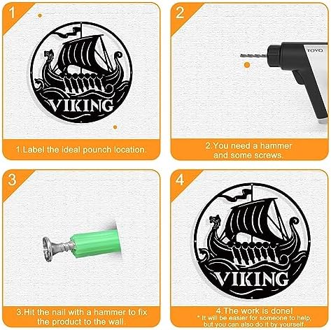 NBEADS Viking Boat Metal Wall Art Decor, Round Matte Black Wall Hanging Decor Silhouette Wall Art for Home Bedroom Living Room Bathroom Kitchen Office Hotel Wall Decoration, 11.8"(30cm)