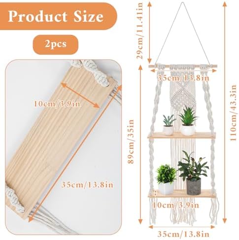 2 Packs Macrame Wall Hanging Shelf 2 Tier Handmade Boho Hanging Wall Shelf Floating Woven Rope Decorative Storage Racks Holder Organizer for Home Bedroom Bathroom Plants, Beige
