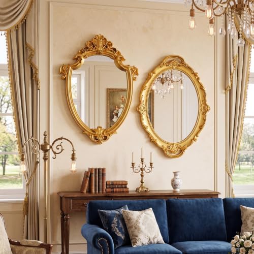 Beeveer 2 Pcs Vintage Gold Wall Mirror Set Luxury Gallery Wall Mirror Decorative Hanging Antique Decor for Living Room Entryway Wedding Bedroom Bathroom Victorian Decor (Classic,Gold)
