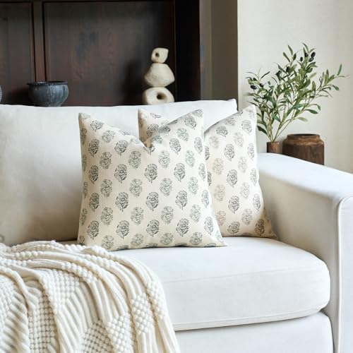 FIOUOVO Floral Vintage Throw Pillow Covers 20x20 Pillow Cover Block Print Decorative Cushion Covers Farmhouse Neutral Accent Home Décor for Sofa Couch Living Room Bedroom, 1PC, Olive Green