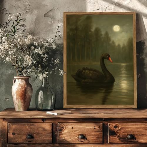 Framed Moody Black Swan Wall Art, Vintage Moonlit Lake Painting, Dark Academia Gothic Picture Wall Decor,Mystical Night Landscape Artwork for Living Room Bedroom Offices 16x24 inch