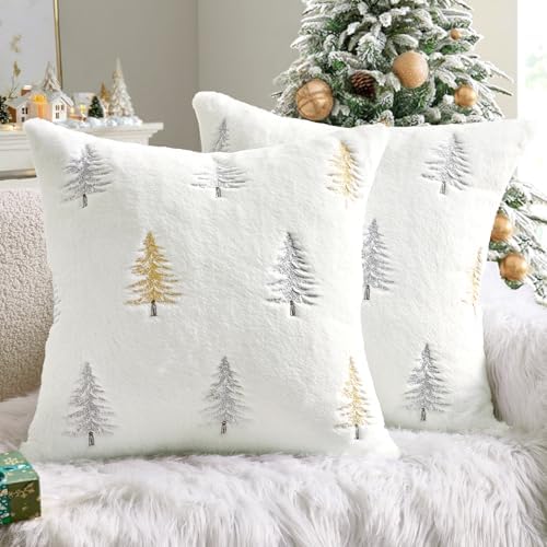 MIULEE Christmas Decorative Faux Fur Pillow Covers 18x18 Inch White Gold