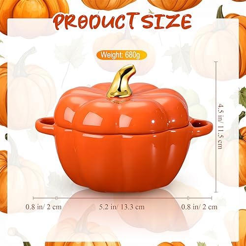 Yaomiao 6 Pcs Pumpkin Ceramic Bowl 15 oz Pumpkin Soup Bowl Pumpkin Shape Storage Jar with Lid and Handles for Home Halloween Party Kitchen Tableware(Orange)