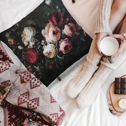 Vintage Moody Dark Antique Vintage Floral Pillow Cover 18x18 Double-Sided, Rustic Gothic Moody Flower Botanical Decorative Throw Pillow Cover for Home Bedroom Living Room