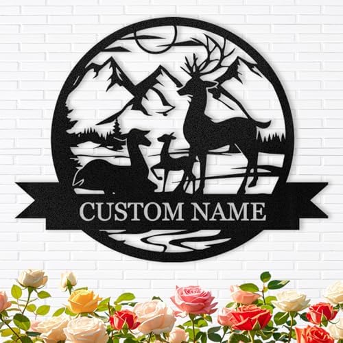 Dyoart Personalized Deer Metal Wall Art, Custom Family Name Cabin Sign | Custom Metal Signs Outdoor, Mountain Wall Decor for Modern Home Farmhouse Hanging Decorations, Deer Hunter Housewarming Gifts