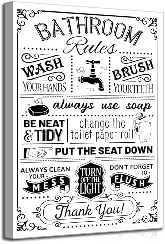 Wavkkey Funny Bathroom Rules Canvas Wall Art Black and White Fun Toilet Rules Painting Pictures Wall Decor Posters Printed Artwork for Washroom Restroom Home Decoration