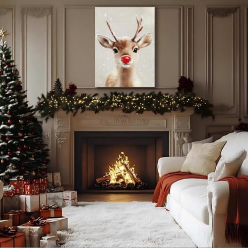 FLZYKGPA Funny Red Nose Deer Pictures Wall Decor Prints 8x12in, Cute Christmas Wall Art Decorations for Home Kitchen Bedroom Bathroom Living Room Office, Winter Cabin Canvas Decor