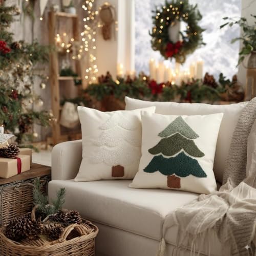 GEEORY Christmas Pillow Covers 18x18 Inch, Canvas Embroidered Xmas Tree Throw Pillows Farmhouse Winter Holiday Decor Cushion Case for Sofa & Bed Home Decorations (Green) GX003-1-18