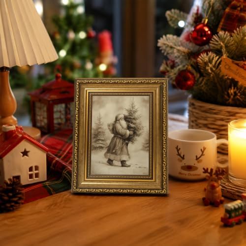 Fantasy Artists Christmas Framed Canvas Wall Art, Vintage Santa Claus Carrying Christmas Tree Gold Frame Print, Classic Holiday Wall Decor for Living Room Bedroom Entryway, Ready to Hang, 8" Wx10 H