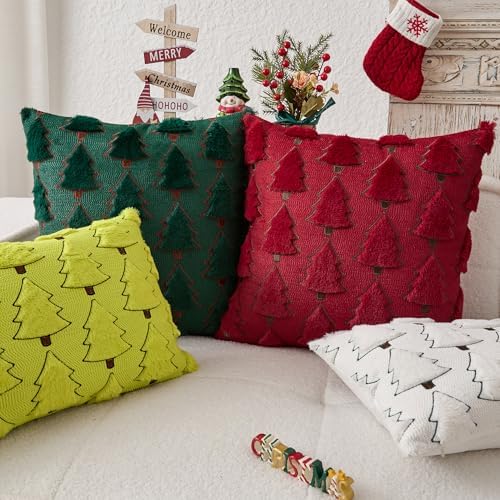 Kevin Textile Christmas Tree Pillow Covers 18x18 Inch Set of 2 Luxury Embroidery Soft Plush Faux Fur Decoration Pillowcases for Couch Sofa Holiday Festivals Winter Xmas Gift, Dark Green & Red