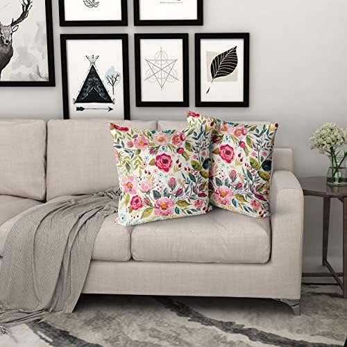 Spring Summer Flower Throw Pillow Covers 20X20 Inch Watercolor Peony Pillowcase Hot Pink Floral with Green Leaves Girly Decorative Square Cotton Cushion Cover Set of 2 for Home Garden Outdoor Bed