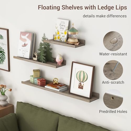 Axeman Picture Ledge Shelf, 36 Inch Grey Floating Shelves Set of 3