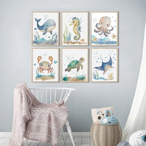 Nursery Sea Animal Wall Decor Set of 6 Ocean Watercolor Canvas Wall Art Baby Boys Room Wall Art Ocean Sea Animal Pictures Kids Girl Art Prints Nursery Artwork for Bedroom 12x16 Inch Framed