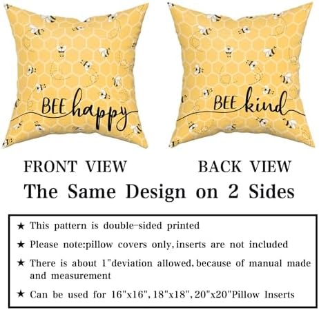Giwawa Summer Pillow Covers Set of 2-20x20inch Bee Happy Decorative Square Pillowcases - Yellow Honeycomb Farmhouse Throw Cushion Cover for Sofa Couch Indoor Outdoor Living Room