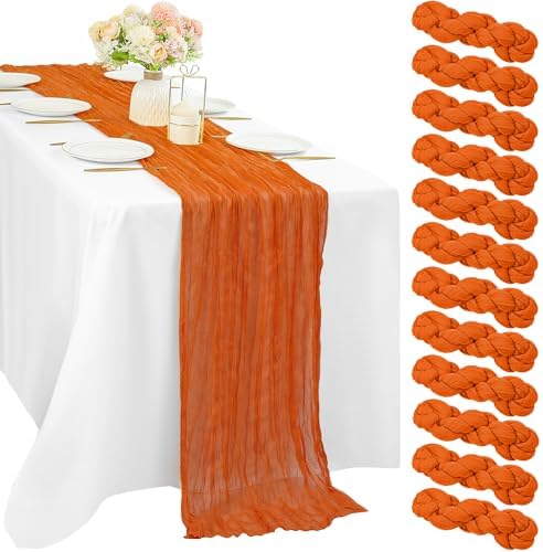 12 Pieces 10FT Orange Cheesecloth Table Runner Boho Gauze Fabric Runner for Tables Rustic Sheer Runner for Wedding Bridal Shower Birthday Holiday Party Cake Table Arbor Decor (35 x 120 Inches Long)