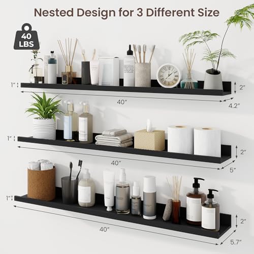 Axeman 40 Inch Floating Shelves, Black Picture Ledge Shelf Set of 3