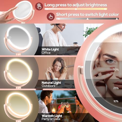 B Beauty Planet Vanity Mirror with Lights, 30X Magnifying Makeup Mirror, 3 Lighting and Adjustable Brightness, Rechargeable 2-Sided Height Adjustable Desk Mirror for Bedroom, Gifts for Women Pink