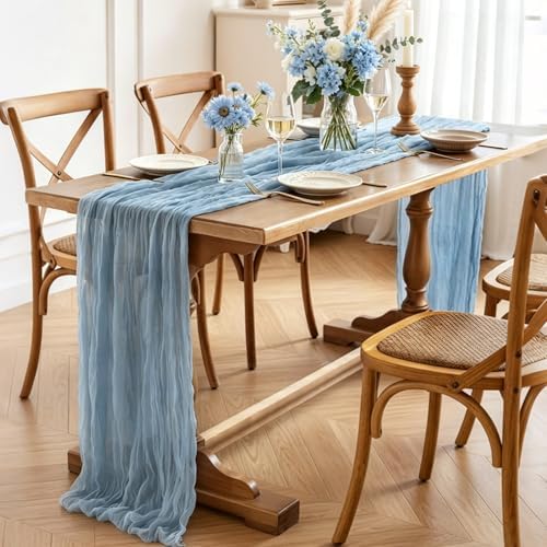 Dust Blue Cheesecloth Table Runner, 10FT Rustic Blue Boho Gauze Table Runner for Wedding Bridal Shower Baby Shower Birthday Tea Party Decorations