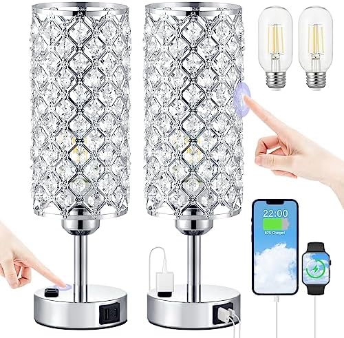 Silver Crystal Lamps Set of 2, 3-Way Dimmable Touch Lamps for Nightstand