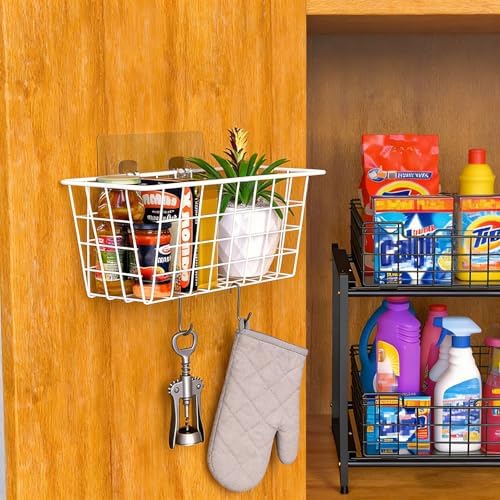 MaraFansie Wall Wire Baskets Bin No Drilling Adhesive Hanging Baskets Wall Mounted for Cabinet & Pantry Organization and Kitchen, Bathroom, Bedroom Storage, 2 Pack, White