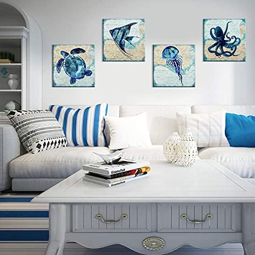 Teal Ocean Animal Bathroom Wall Decor Aqua Blue Octopus Turtle Wall Art Sea Fish Angelfish Canvas Print Mediterranean Style Painting Pictures Artwork Nursery Kids Bedroom Home Decorations 24x24” 4Pcs